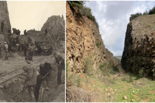 Από το εργοτάξιο στην Καρυά το 1943. Το βουνό κόβεται και ένα τεχνητό φαράγγι δημιουργείται. Δεξιά: Η τομή στο βουνό από κοντά το 2025
